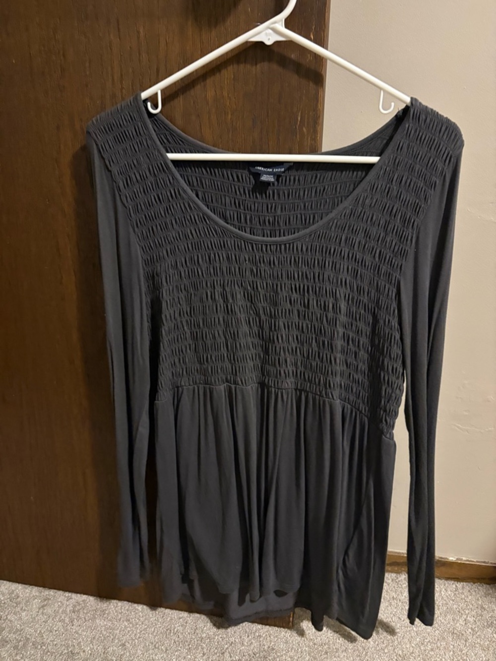 American Eagle Outfitters Charcoal Long-Sleeve Smocked Yoke Tunic